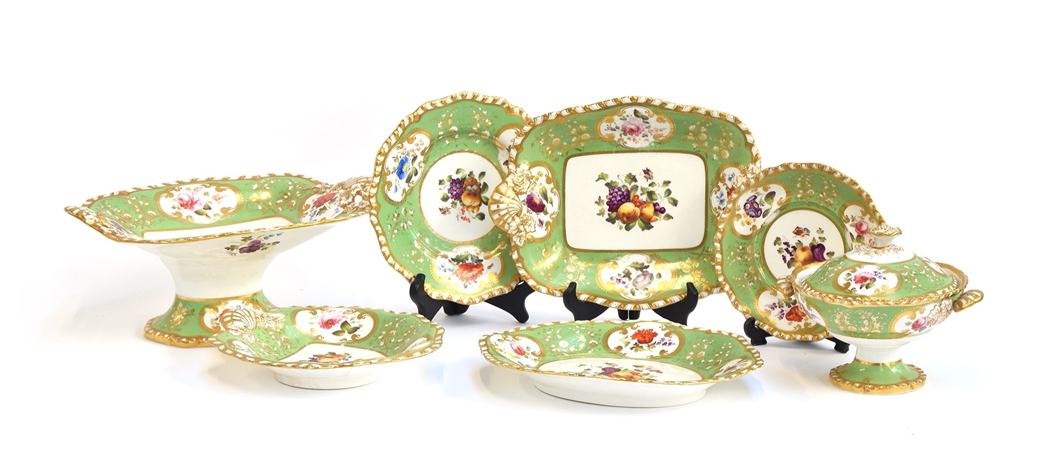 A 19th century hand painted dinner service, floral panels on a green ground, heightened in gilt, - Image 4 of 10