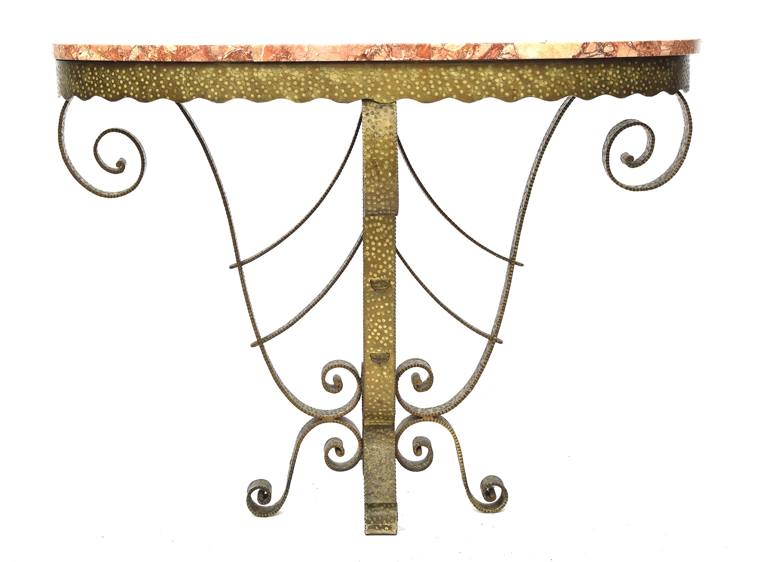 A French Art Deco demilune wrought iron console table in the manner of Paul Kiss, c.1920s, pink