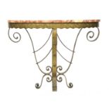 A French Art Deco demilune wrought iron console table in the manner of Paul Kiss, c.1920s, pink