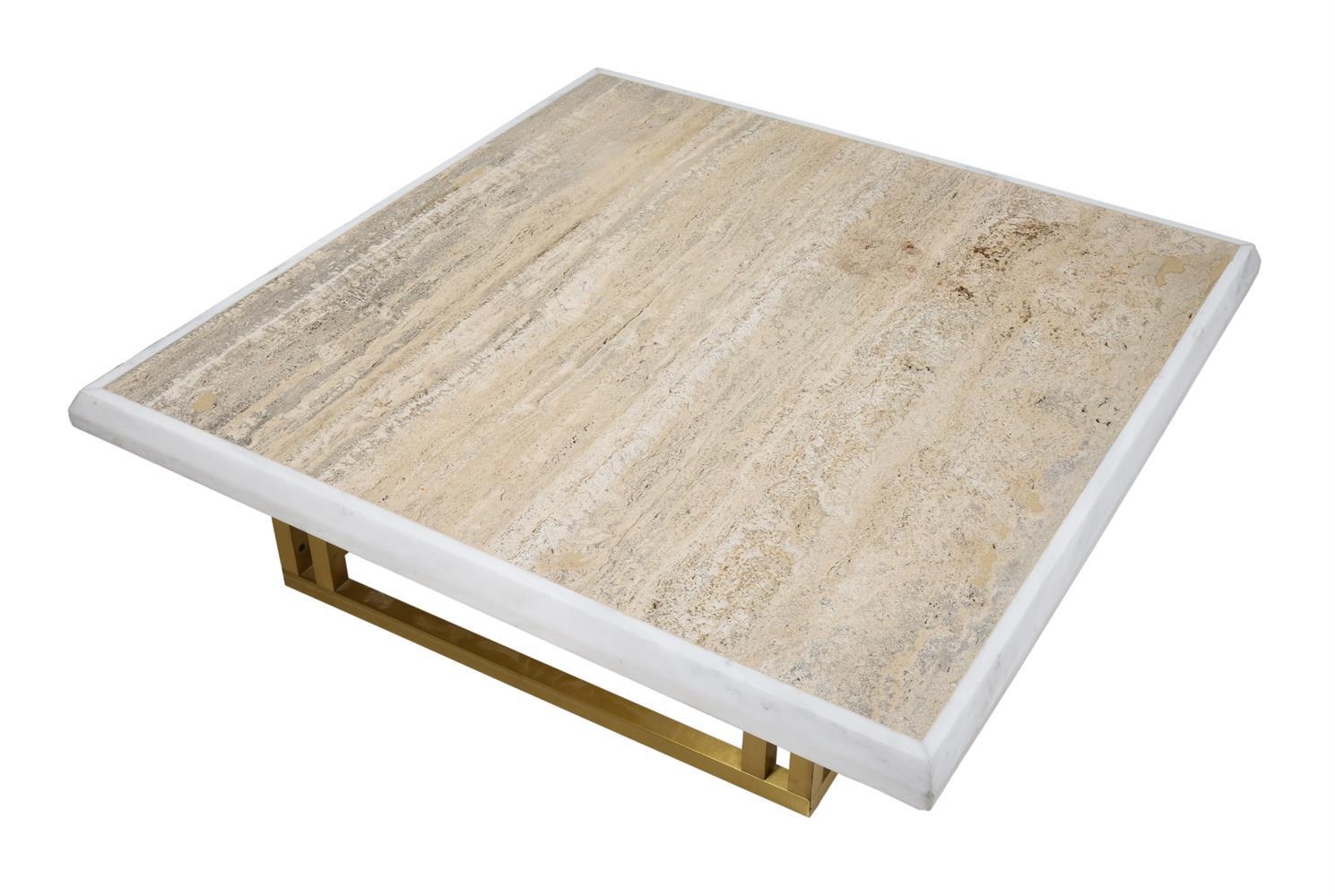 A travertine and white marble square low centre table, of recent manufacture, on a brushed metal - Image 2 of 2