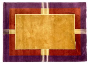 A thick wool Art Deco style rug, in yellow, red, and purple, 212x156cm