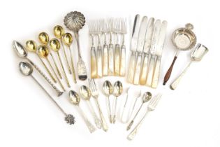 A mixed lot of mostly silver flatware, to include a set of six mother of pearl handled fruit forks