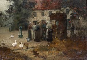 19th century oil on canvas, women at a water pump with geese, signed Walter Gross (?) lower right,