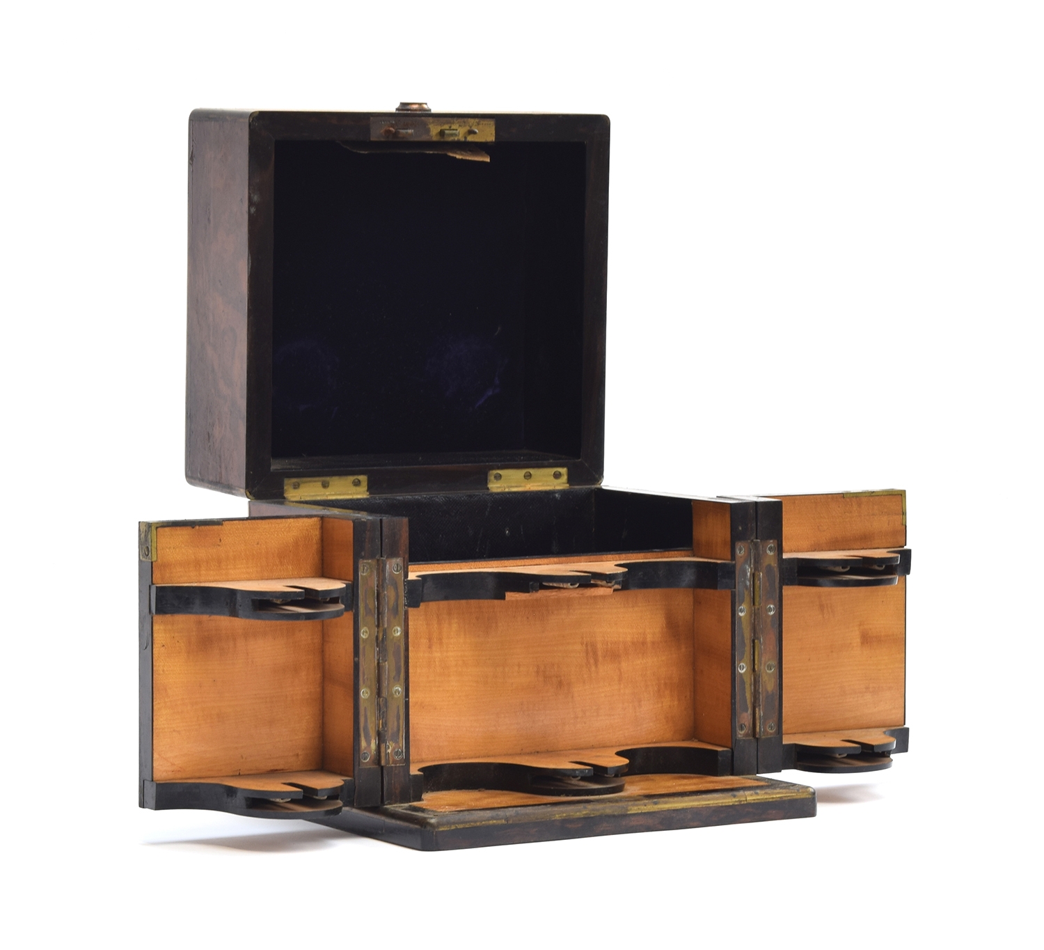 A Victorian burr walnut and brass bound tantalus, with leather and satinwood interior, with lid - Image 3 of 4