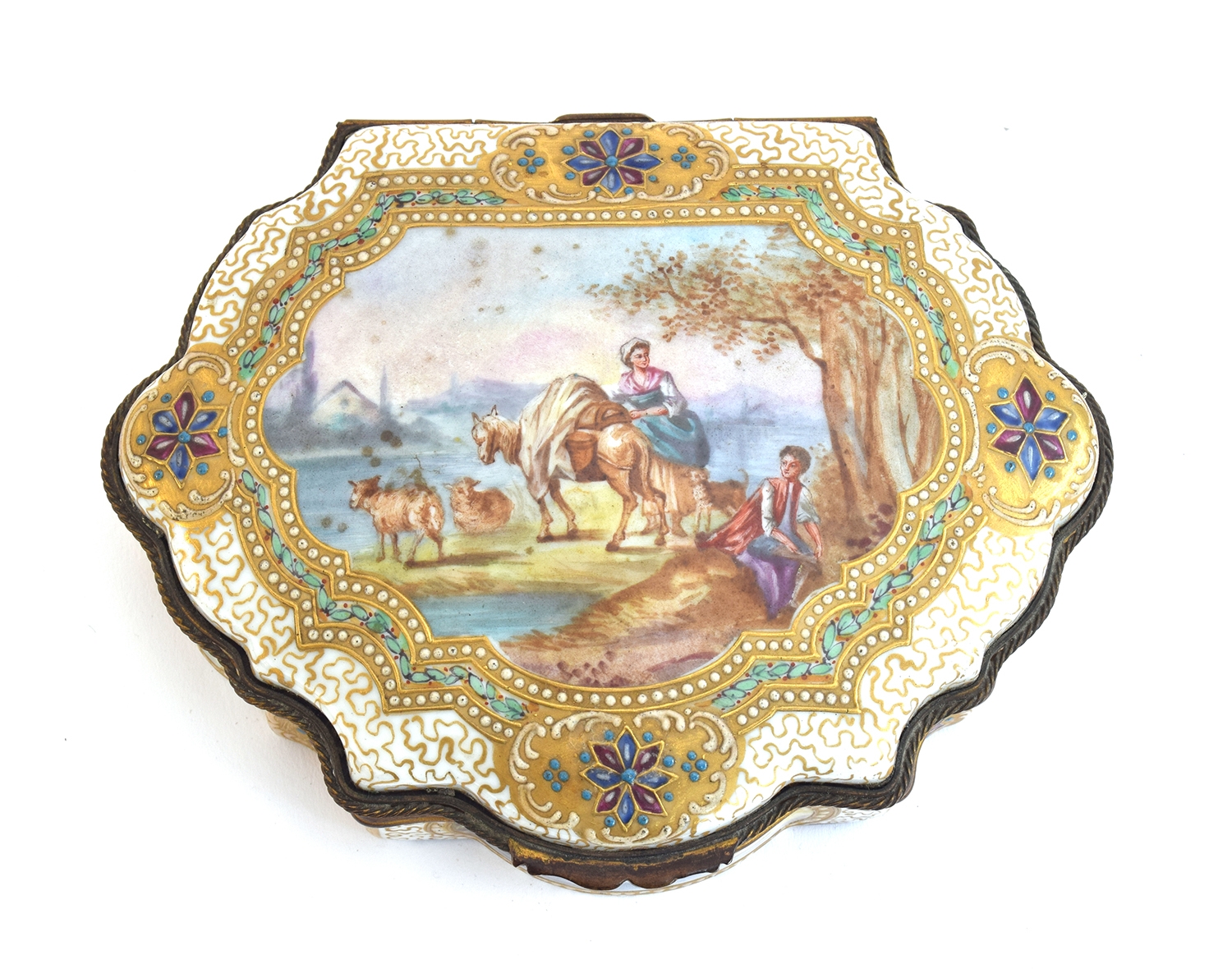 A 19th century gilt metal mounted porcelain box, hand painted with pastoral scenes and heightened in - Image 4 of 11