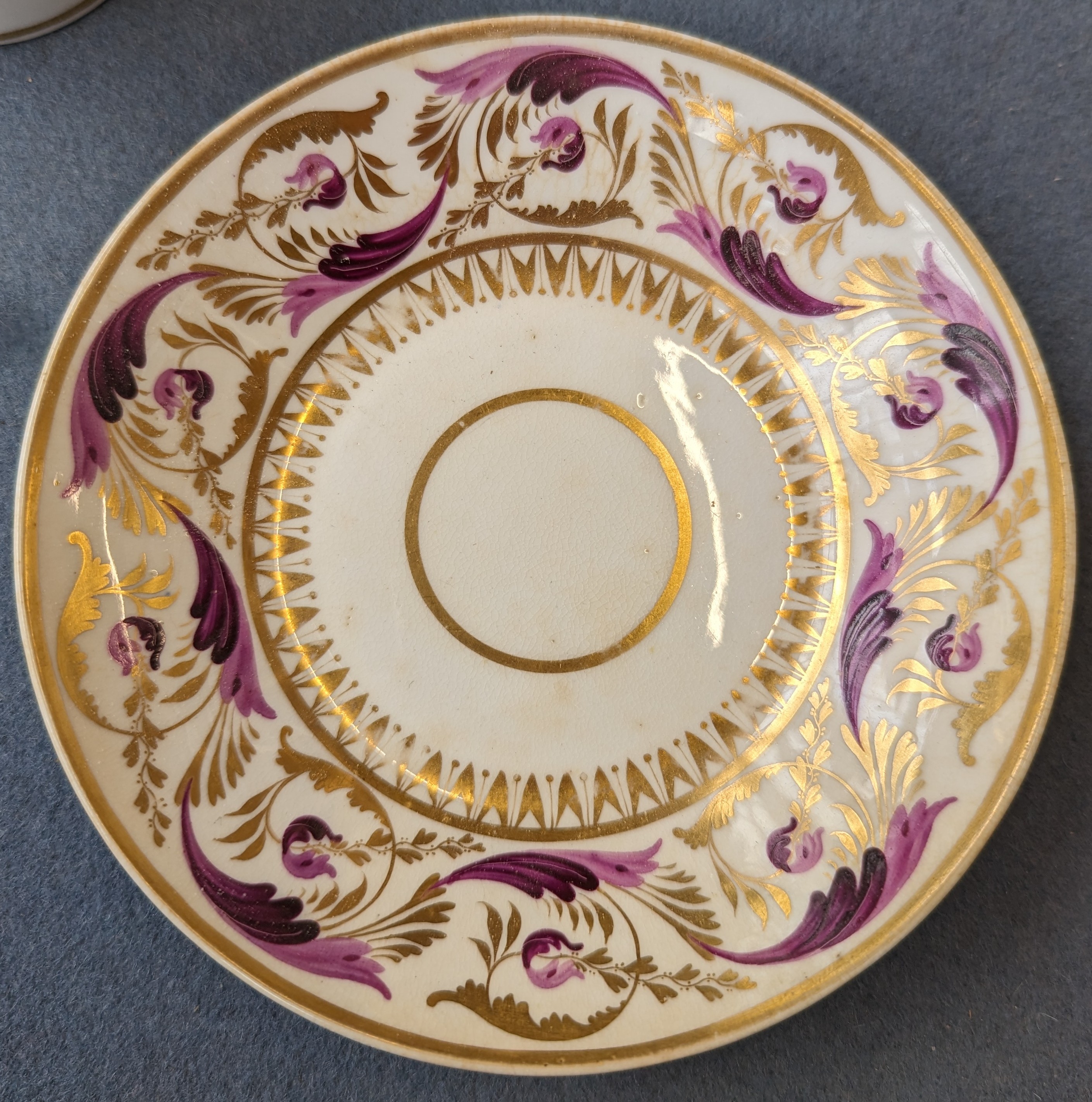 An early 19th century Derby named view teacup, coffee cup and saucer, the cups hand painted with a - Image 10 of 12