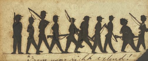 A small late 19th century ink cartoon of marching soldiers, 'From your Right Extend!', inscribed