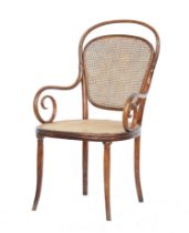 A Gebrüder Thonet bentwood and caned open armchair, bears label to stretcher, 58cm wide, the seat