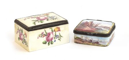 A late 18th century continental enamel snuff box depicting a tower beside a river, 5.5cm wide;