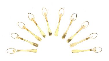 A set of ten unusual 19th century glass ice cream spoons, heightened in gilt, each 13cm long