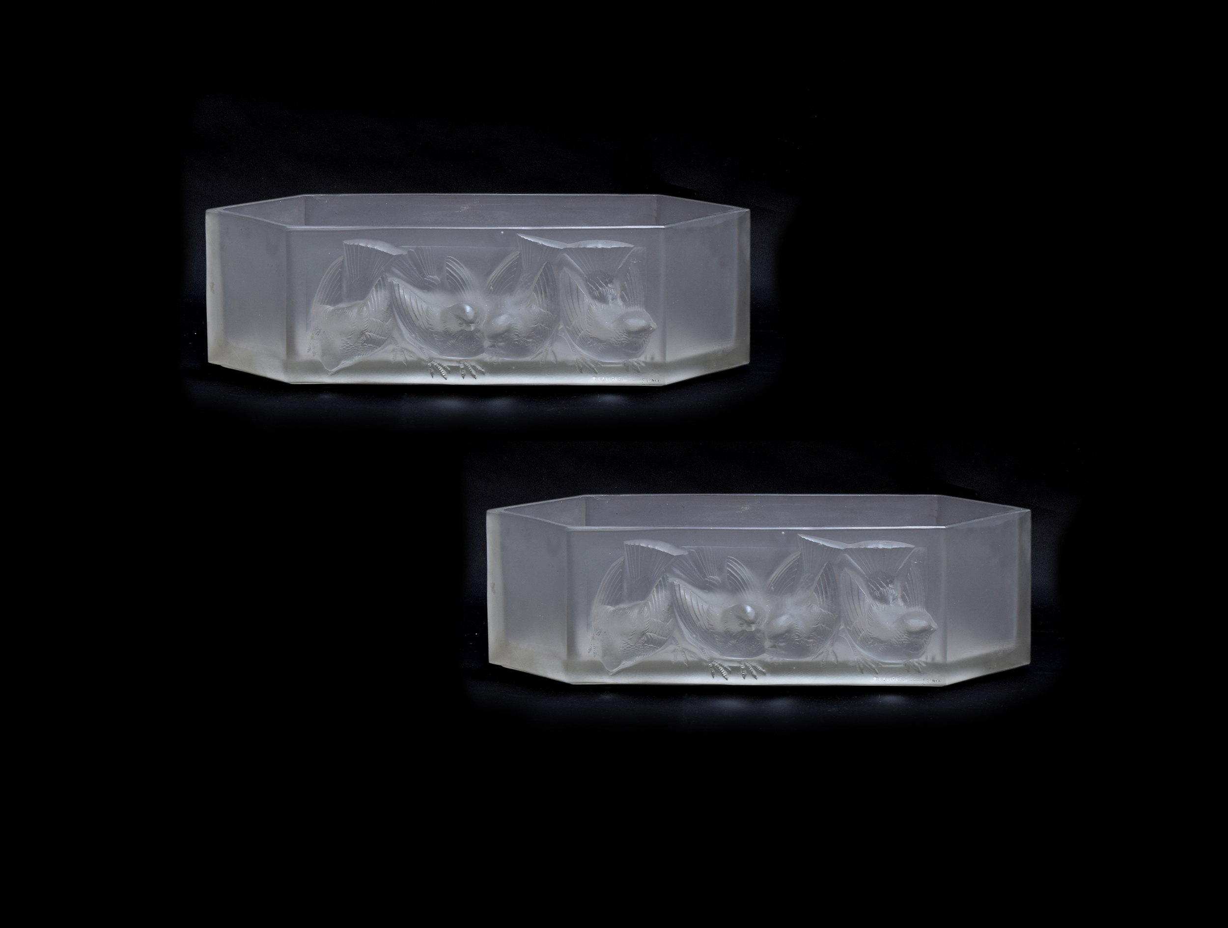 A pair of Rene Lalique 'Moineau' frosted glass wall lights/trough vases, Bruxelles design, each of b