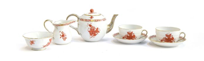 A Herend 'Chinese Bouquet Rust' teaset for two, comprising teapot, sugar bowl, milk jug and two