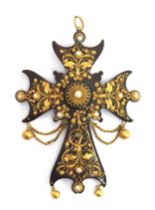 An early 19th century tortoiseshell cross pendant brooch, with intricate gold cannetille work set