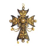 An early 19th century tortoiseshell cross pendant brooch, with intricate gold cannetille work set