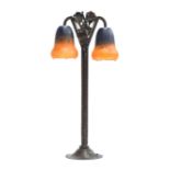 An Art Nouveau twin fitting table lamp, the patinated wrought iron stand by Barthelemie, signed,