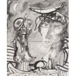 John Bellany CBE RA (Scottish, 1942-2013), ink and wash on paper, woman and a bird under a moon,