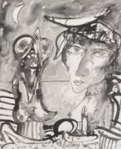 John Bellany CBE RA (Scottish, 1942-2013), ink and wash on paper, woman and a bird under a moon,