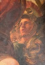 19th century oil on board, portrait of a man in Roman helmet within a crowd, 44.5x31cm