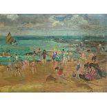 Dorothy Zinaida Duval (British 1917-2005), beach scene, oil on panel, signed lower right, 14x19cm