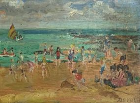 Dorothy Zinaida Duval (British 1917-2005), beach scene, oil on panel, signed lower right, 14x19cm