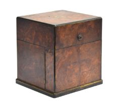 A Victorian burr walnut and brass bound tantalus, with leather and satinwood interior, with lid