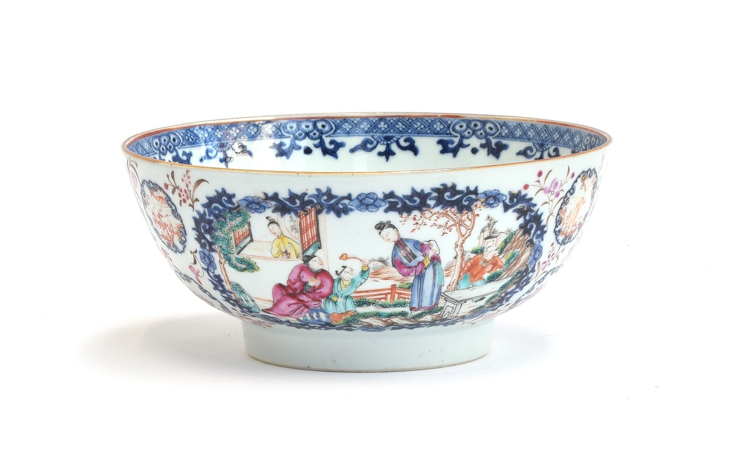 A 19th century Chinese bowl, painted with garden scenes, heightened in gilt, 23.5cm diameter