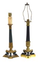 A near pair of French Empire style ormolu and patinated metal table lamps, one by H. Luppens &