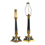 A near pair of French Empire style ormolu and patinated metal table lamps, one by H. Luppens &