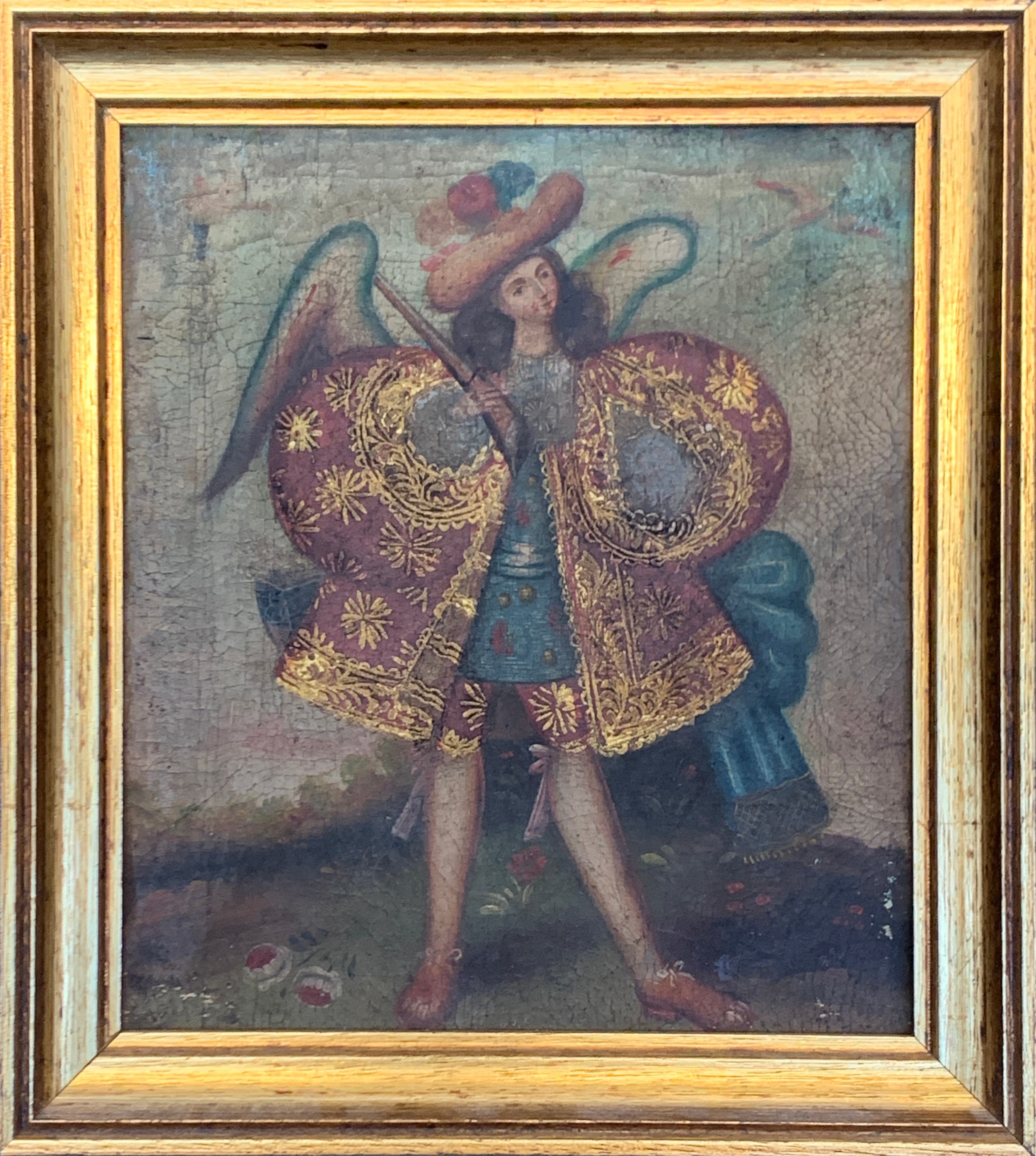 20th century Cuzco school oil on canvas, Archangel arcabucero in a plumed hat, 19x16.5cm