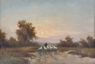 Hendrik Jan Ten Cate (1867-1955), a shepherd with sheep at dusk, oil on board, signed lower left,