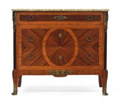 A French kingwood, tulipwood and ormolu mounted commode c.1900, the marble top over single narrow