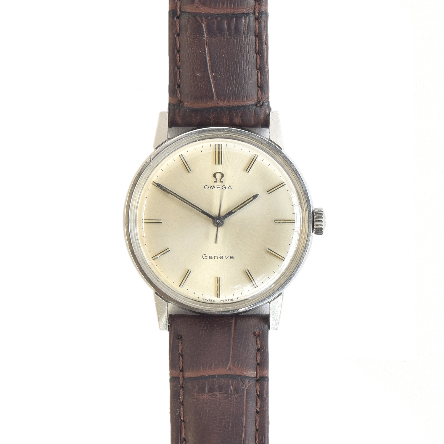 An Omega Geneve manual wind gent's steel wrist watch, cal. 601, the dial with baton hour markers,