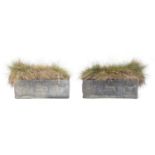 A pair of rectangular lead trough planters, each cast with central lion flanked by swags, 73cm wide,