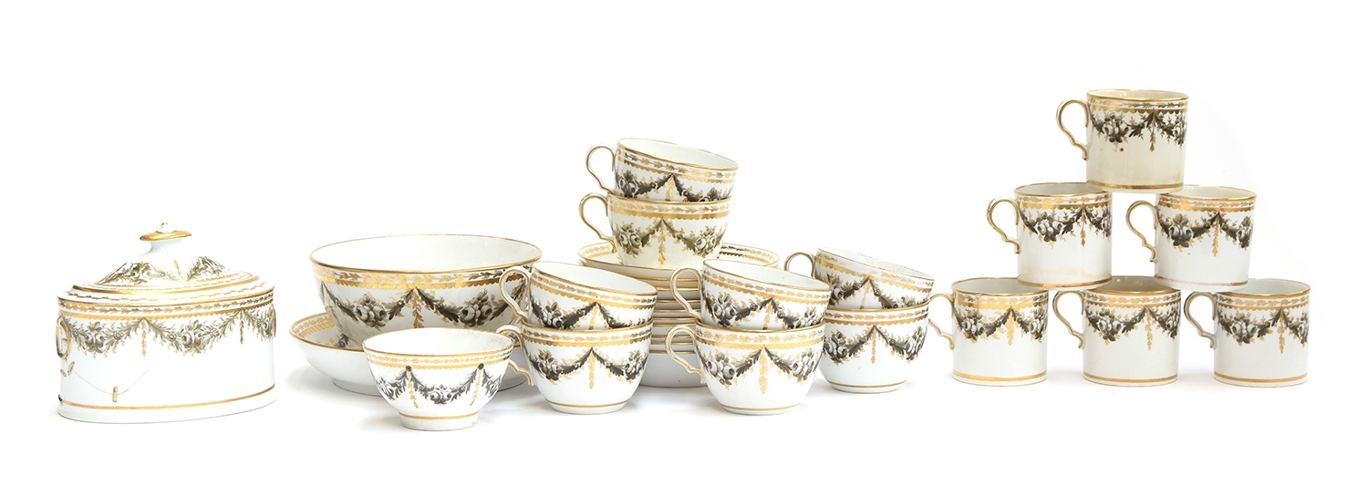 A 19th century Copeland Spode part tea service, hand painted with black floral swags heightened in - Image 2 of 2