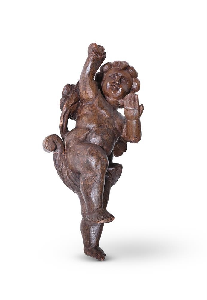 A late 19th century carved softwood figure of an angel in flight, modelled contrapposto, 60cm high