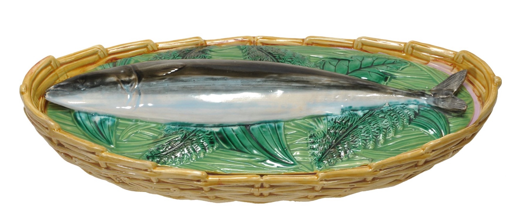 A George Jones majolica mackerel oval fish tureen and cover, circa 1871, with ochre ozier-moulded - Image 2 of 6