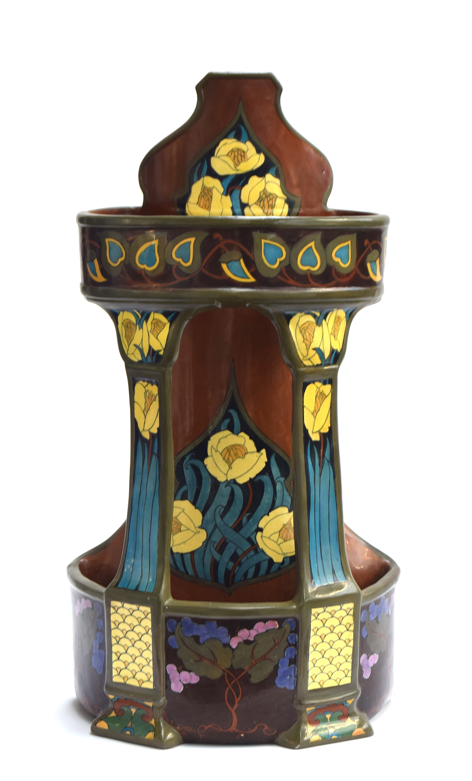 A Wileman & Co. Foley Intarsio Ware stick stand, with Art Nouveau frieze above stylised yellow