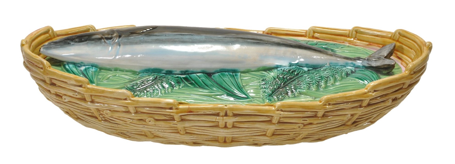 A George Jones majolica mackerel oval fish tureen and cover, circa 1871, with ochre ozier-moulded