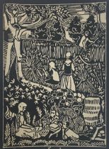An early 20th century woodcut engraving, c.1920, a pastoral scene, monogrammed RP lower left,