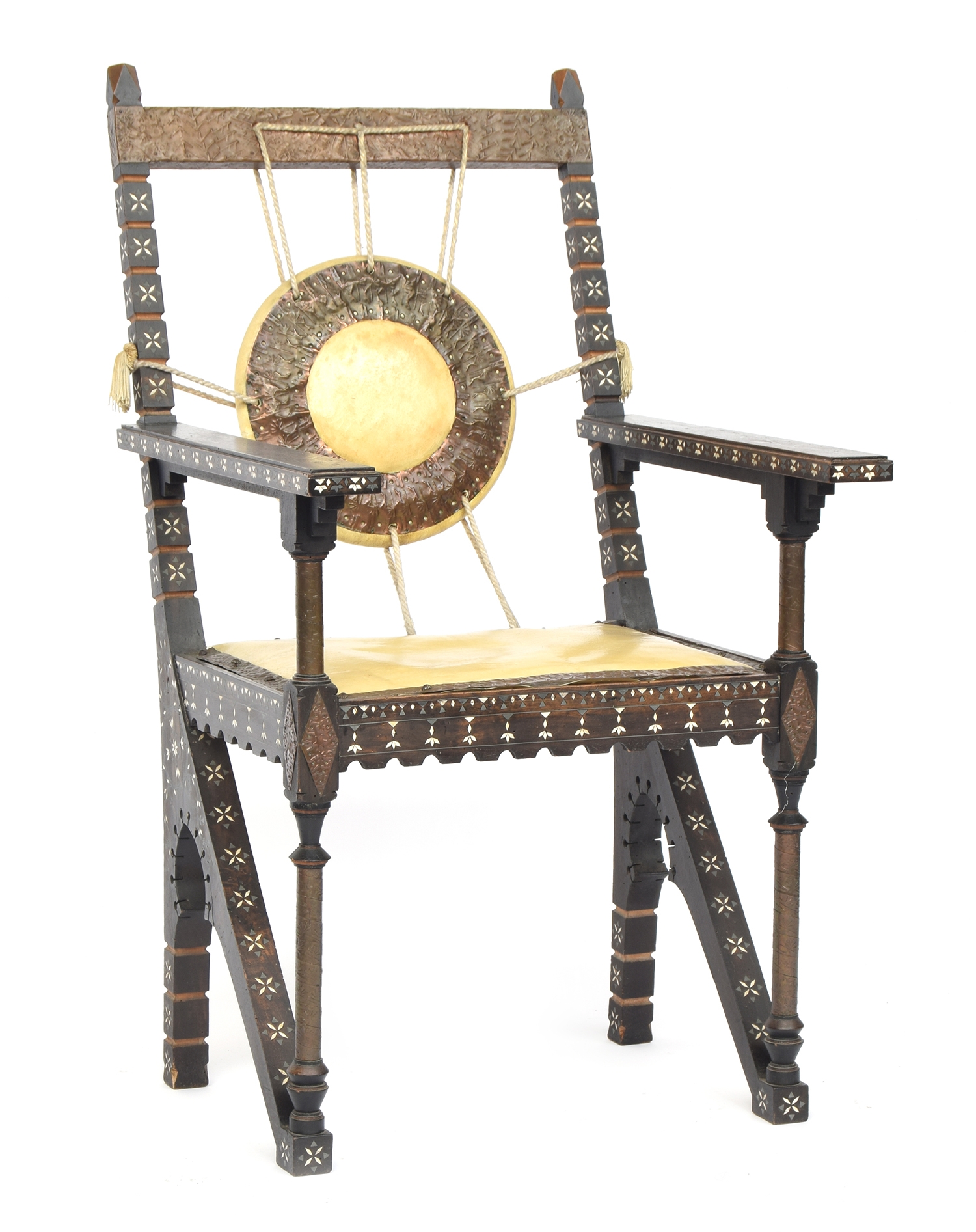 Carlo Bugatti (1856-1940), an ebonised elbow chair, inlaid alla certosina work, the straight arms - Image 3 of 5