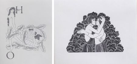 Eric Gill Prints: initials H and O with cupid playing football with the world, Canterbury tales (