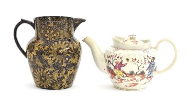 A W(***) yellow printed brown earthenware jug, likely printed by Thomas Harley, 12.5cm high;