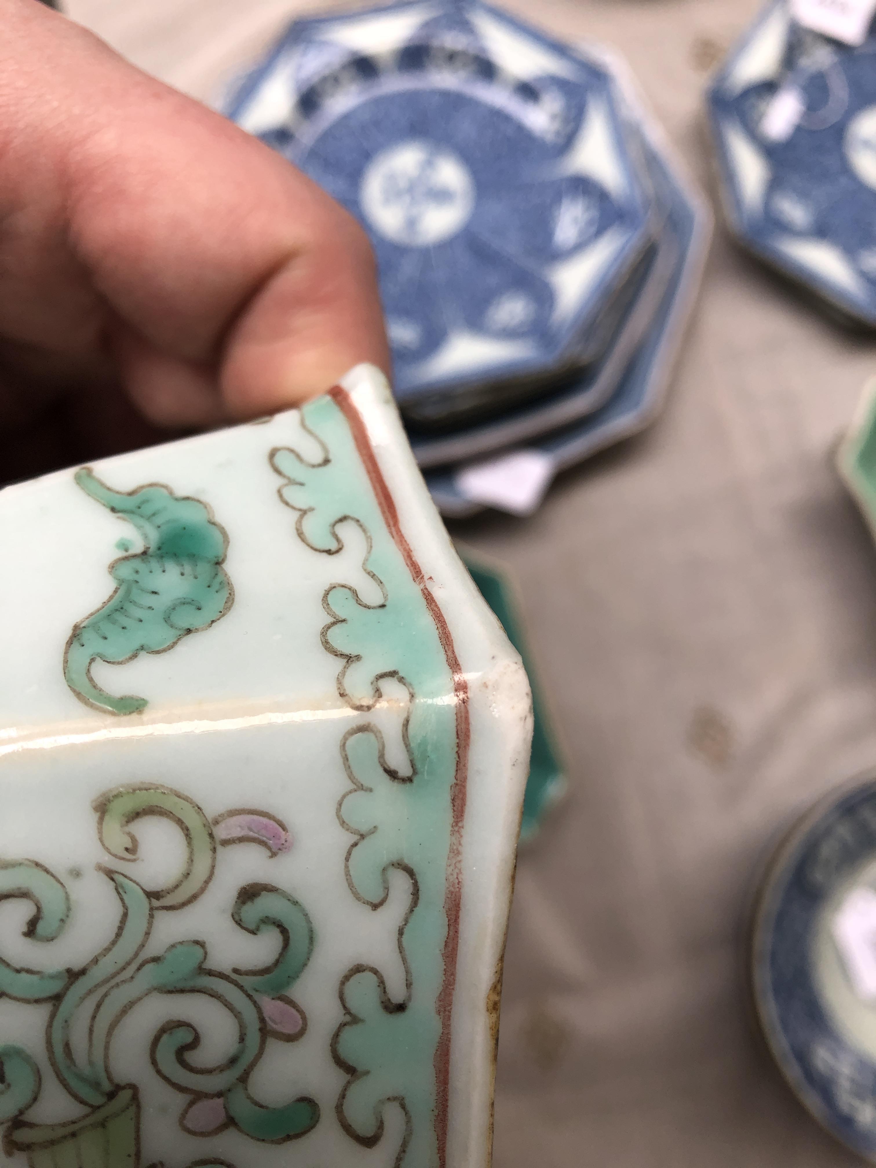 Five late 19th/early 20th century Chinese famille rose octagonal footed bowls, polychrome decoration - Image 10 of 11