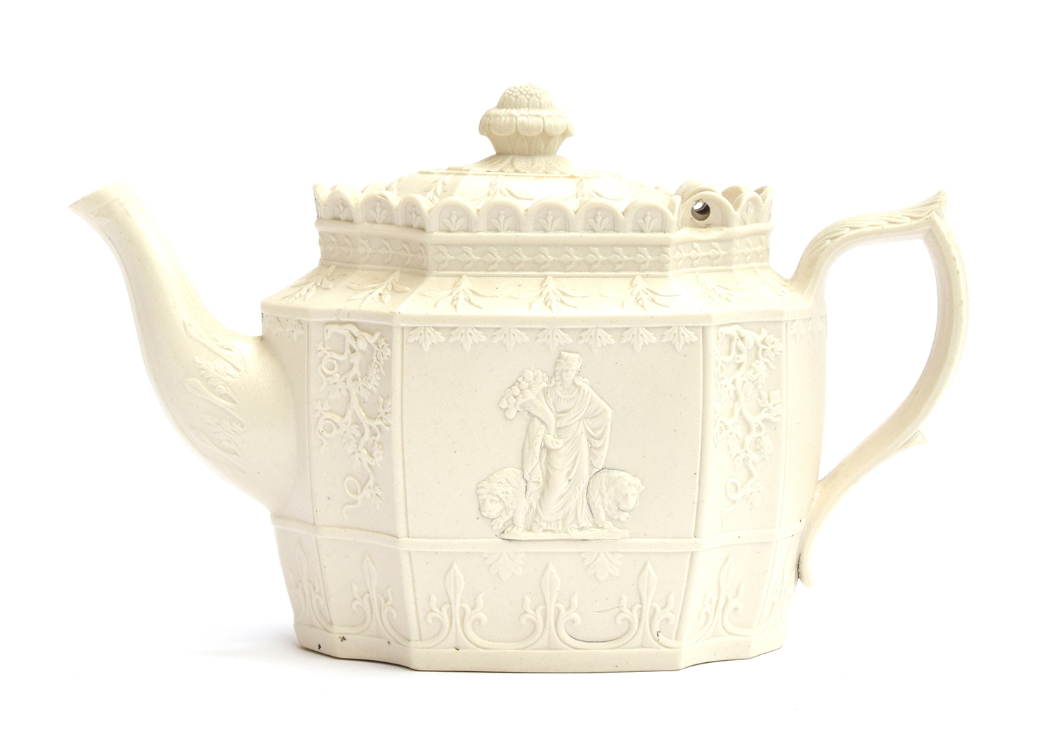 An early 19th century Castleford teapot, feldspathic stoneware, with hinged lid, decorated with - Image 5 of 9