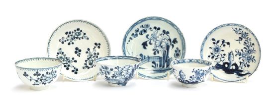 Three 18th century teabowls and saucers: Lowestoft c.1780, 'Flowers and Scholar's Rock' pattern;