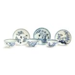 Three 18th century teabowls and saucers: Lowestoft c.1780, 'Flowers and Scholar's Rock' pattern;