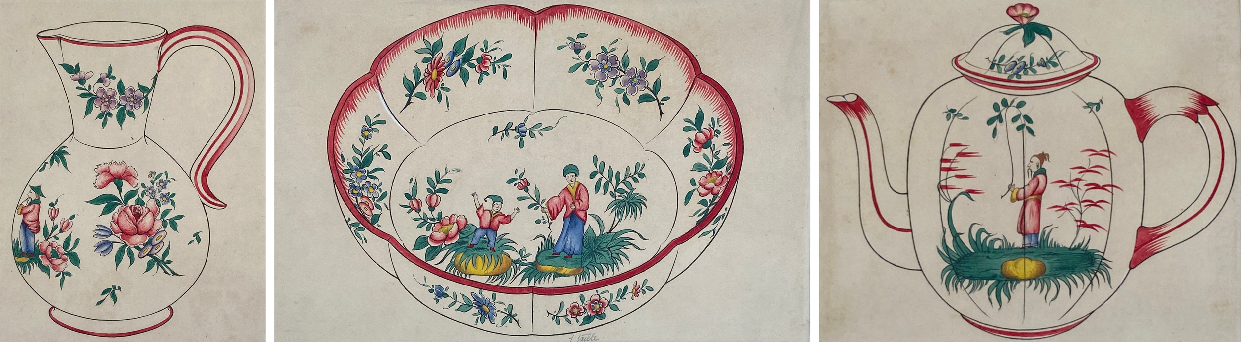 Three early 20th century Chinoiserie watercolours of Chinese porcelain, one signed in pencil