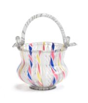 A late 19th century Facon de Venice latticinio and spiral cane glass basket with swing handle, 9.3cm