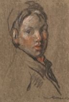 Early 20th century charcoal and pastel portrait study of a young boy, signed indistinctly and