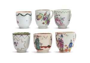 A group of six 18th century coffee and teacups, to include Liverpool chinoiserie pattern,